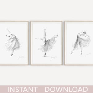 3er-Set Prints, Digitale Wandkunst, Ballerina Printables, Bleistiftskizze, Zeichnung Ballett, Mädchenzimmer, Schlafzimmerdekoration, Balletttänzer