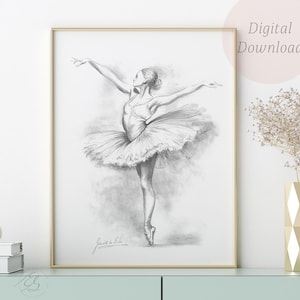 Ballett Tänzerin Bleistift Zeichnung – Anmutige Ballerina Wand Kunst – Handgezeichnete Skizze – Digitaler Download zum Ausdrucken – Klassische Tanz Pose
