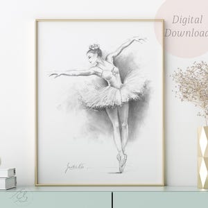 Zarte Ballerina Bleistift Zeichnung – Elegante Ballett Wand Kunst – Handgezeichnete Tänzerin Skizze – Sofortiger Download druckbar – Weicher Graphit Stil