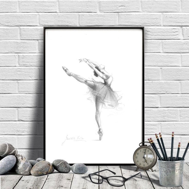 バレリーナプリント：グラファイト鉛筆スケッチ、バレエダンサーの壁