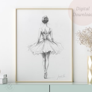 Ballerina Rückansicht Skizze – Anmutige Balletttänzerin Bleistiftzeichnung – Handgezeichnete Wandkunst – Sofortiger Download digital druckbar