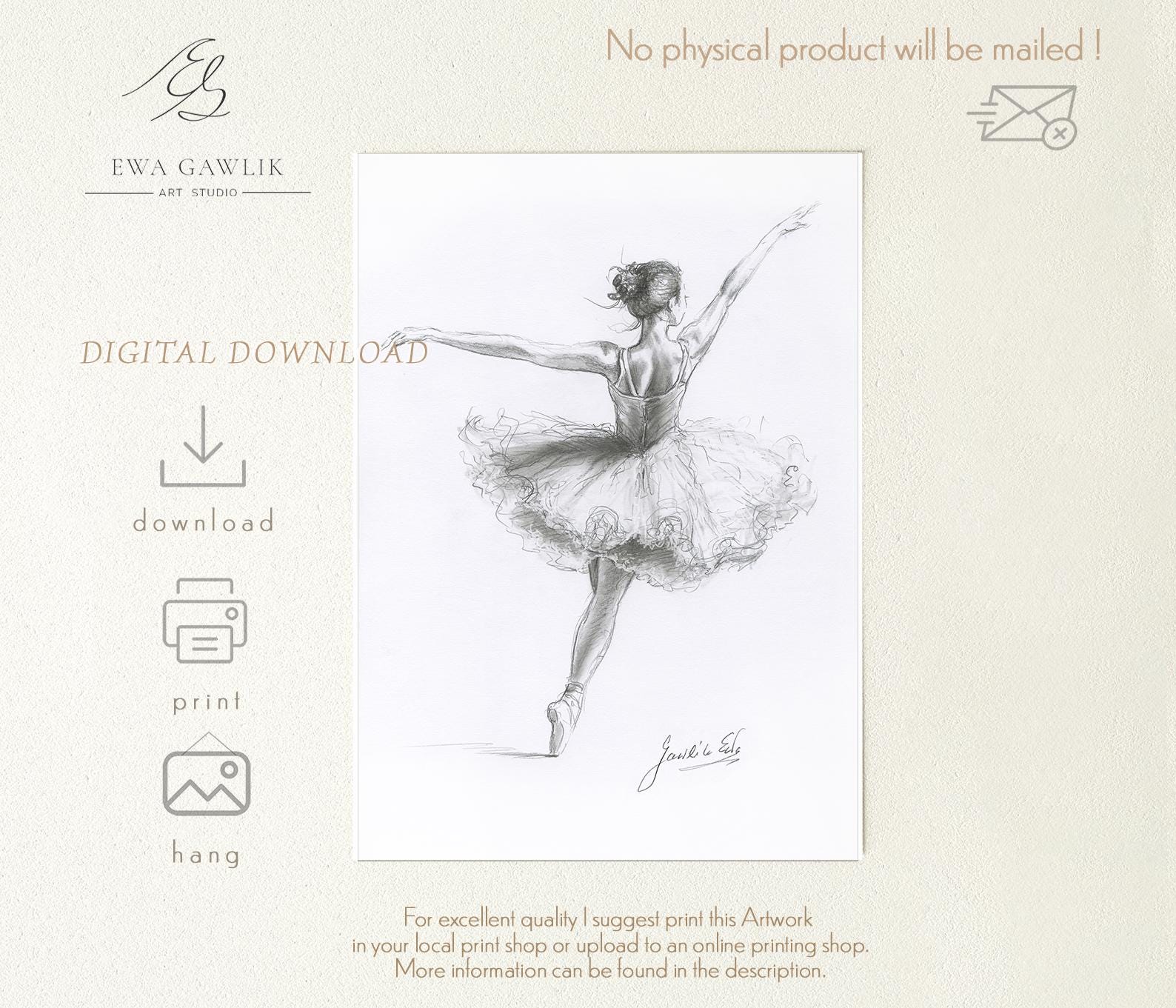 バレリーナスケッチアート - 手描きバレエプリント - エレガントな