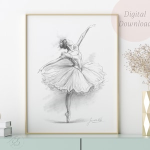 Ausdrucksstarke Ballerina Zeichnung – Elegante Ballett Wandkunst – Handgezeichnete Bleistiftskizze – Sofortiger digitaler Download – Tanz Studio Dekor