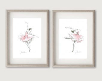 Set of 2 Prints, Ballerina Art, Pink Ballerina, Watercolor Ballet, Ballet Drawing, Pink Tutu, Ballet Art, Ballet Painting, Ballerina Picture