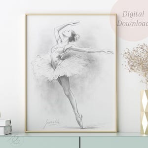 Dibujo elegante de bailarina de punta – Boceto elegante de ballet a lápiz – Arte mural dibujado a mano – Descarga digital – Ilustración de danza clásica