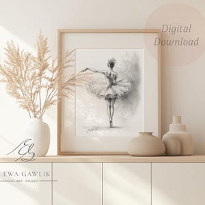Anmutige Ballerina Skizze Kunstdruck, Ballett Tänzerin Bleistiftzeichnung, elegante Pointe Pose, Monochrome Ballett Wandkunst, digitaler Download