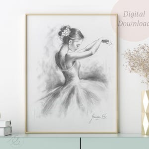 Friedliche Ballerina Zeichnung – Weiches Ballett Porträt Bleistift Skizze – Handgezeichnete Wandkunst – Digitaler Download – Anmutiger Moment zum Ausdrucken