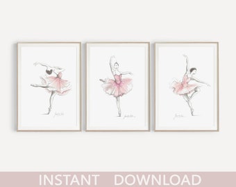 Ensemble de 3 estampes, Digital Wall Art, Ballerina Printables, Pink Ballerina, Watercolor Ballet, Girl Room Decor, Bedroom Decoration, Pink Tutu