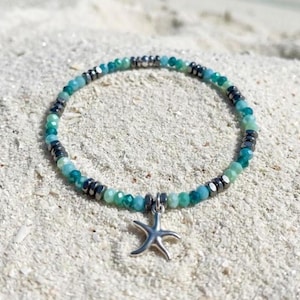 Blue Crystal Ocean Bracelet with Starfish Charm – Hematite Beads, Boho Beach Style