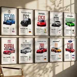 Könnte beinhalten: Eine Sammlung von zehn gerahmten Wandbildern mit verschiedenen Sport- und Luxusautos, darunter der Shelby GT500, Mercedes-Benz G63, Ferrari LaFerrari, Nissan GTR, Lamborghini Aventador, Toyota Supra MK4, Rolls-Royce Phantom, Corvette ZR1, McLaren P1 und Ford GT40.