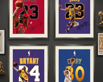 Basketball Wall Art Set of 4, NBA Legends Posters Bundle, Michael Jordan LeBron James Kobe Bryant Stephen Curry Prints (Digital Download)