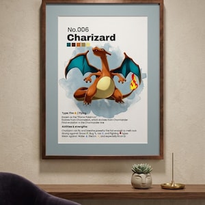May include: Framed poster featuring Charizard, a Fire/Flying type Pok&eacute;mon. The artwork depicts Charizard in orange, yellow, and blue hues, with the text "No.006 Charizard" at the top. The poster includes information about the character's abilities and strengths.