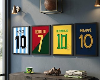 Football Legends Wall Art Set, Messi Ronaldo Neymar Mbappé Jersey Prints (Digital Download)