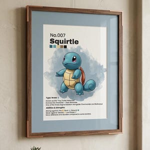 May include: Framed print featuring Squirtle, a blue turtle-like Pok&eacute;mon. The artwork includes the number 007, Squirtle's name, and details about its type and abilities. The print is in a wooden frame with a blue mat.