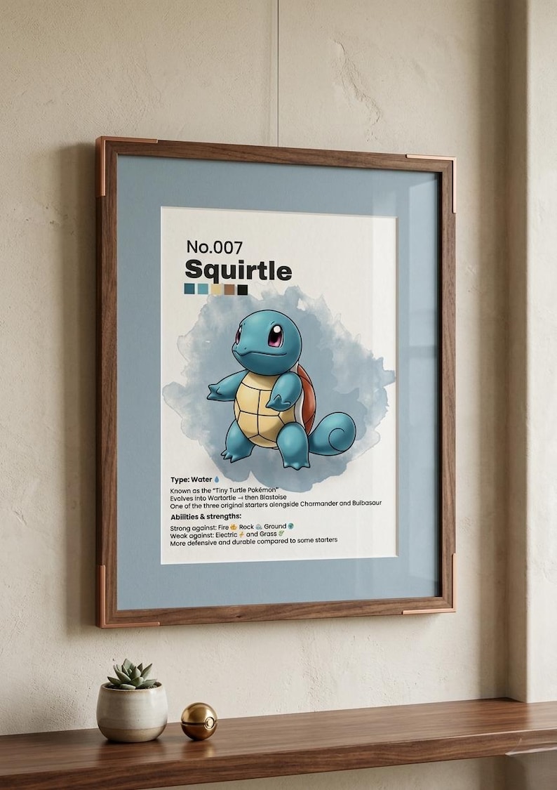 May include: Framed print featuring Squirtle, a blue turtle-like Pok&eacute;mon. The artwork includes the number 007, Squirtle's name, and details about its type and abilities. The print is in a wooden frame with a blue mat.