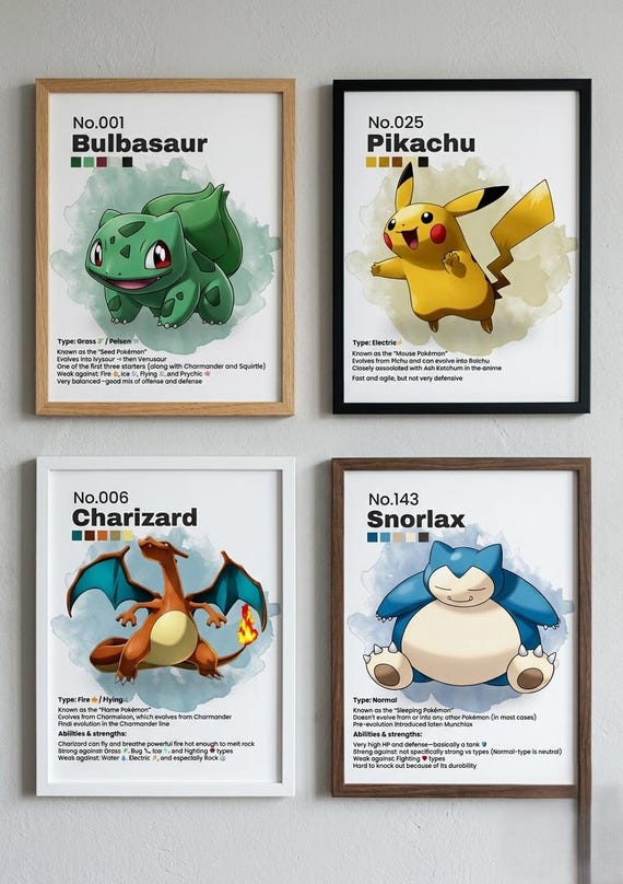 Pokemon Wall Art Set of 10, Pikachu Charizard Bulbasaur Charmander Squirtle Mewtwo Prints, Kids Room Decor (Digital Download)