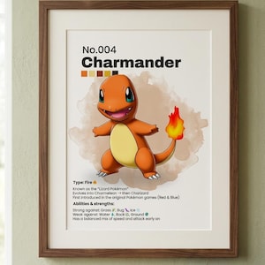 May include: Framed print featuring Charmander, a fire-type Pok&eacute;mon. The artwork includes the Pok&eacute;mon's name, number, and details about its type, evolution, and abilities. The print is in a wooden frame.