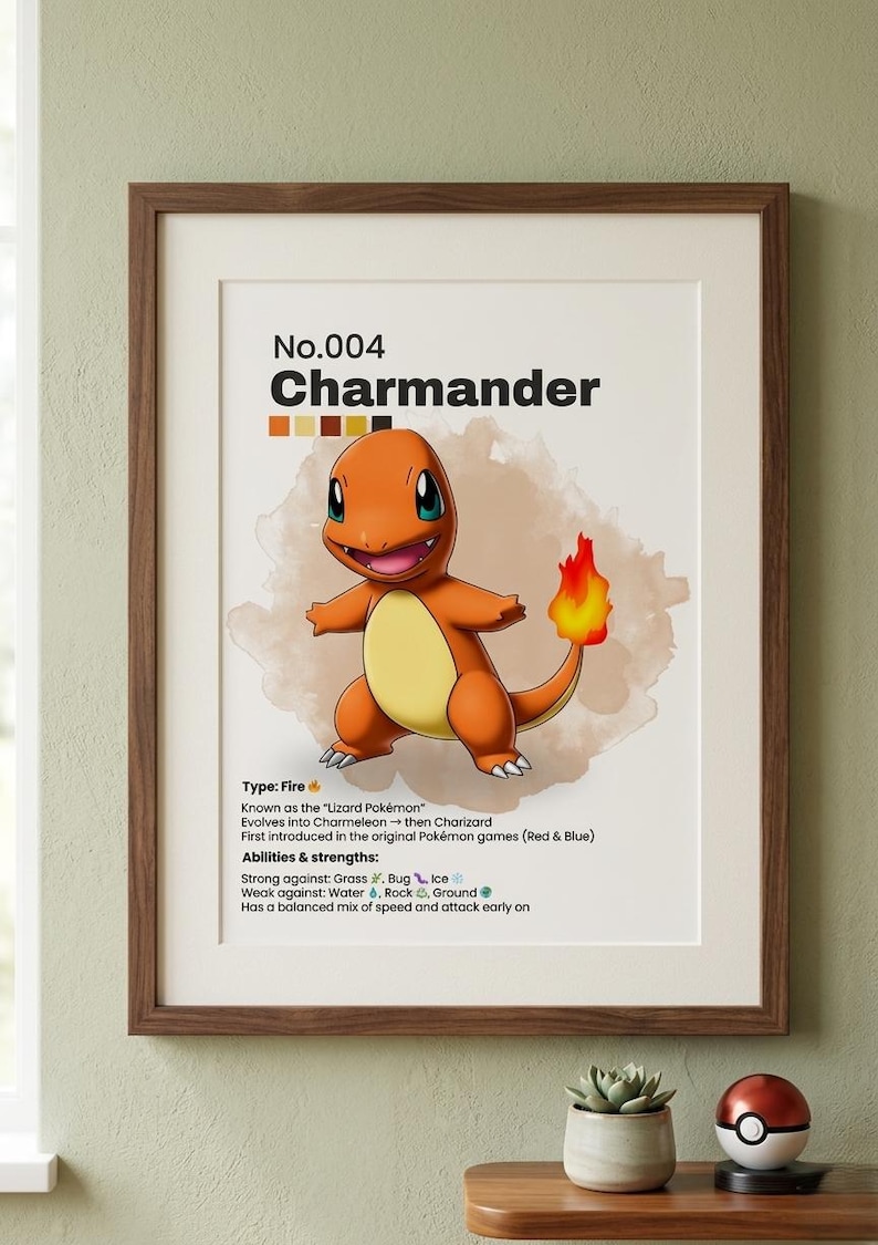 May include: Framed print featuring Charmander, a fire-type Pok&eacute;mon. The artwork includes the Pok&eacute;mon's name, number, and details about its type, evolution, and abilities. The print is in a wooden frame.