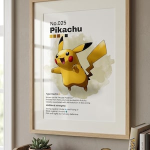 May include: A framed print featuring Pikachu, a yellow electric-type Pok&eacute;mon. The artwork includes the Pok&eacute;mon's number, name, and a description of its abilities. The print is in a light wood frame and is displayed on a shelf with books and a small potted plant.