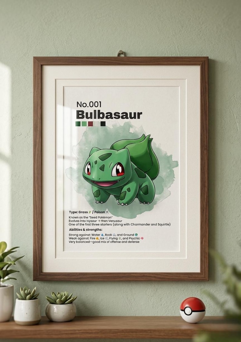 May include: A framed print featuring Bulbasaur, a green Pok&eacute;mon with red eyes. The print includes the number 001, the Pok&eacute;mon's name, and details about its type, abilities, and strengths. The artwork is set against a watercolor background.
