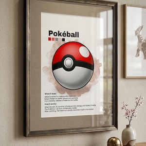May include: Framed print featuring a red, white, and black Pok&eacute;ball design. The print includes the word "Pok&eacute;ball" at the top and text describing its function. The artwork is displayed on a wooden shelf with decorative items.