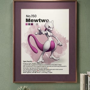 May include: Framed print featuring Mewtwo, a Psychic-type Pok&eacute;mon. The artwork showcases Mewtwo in a dynamic pose with a purple tail and accents, set against a watercolor-style background. The print includes text detailing Mewtwo's abilities and characteristics.