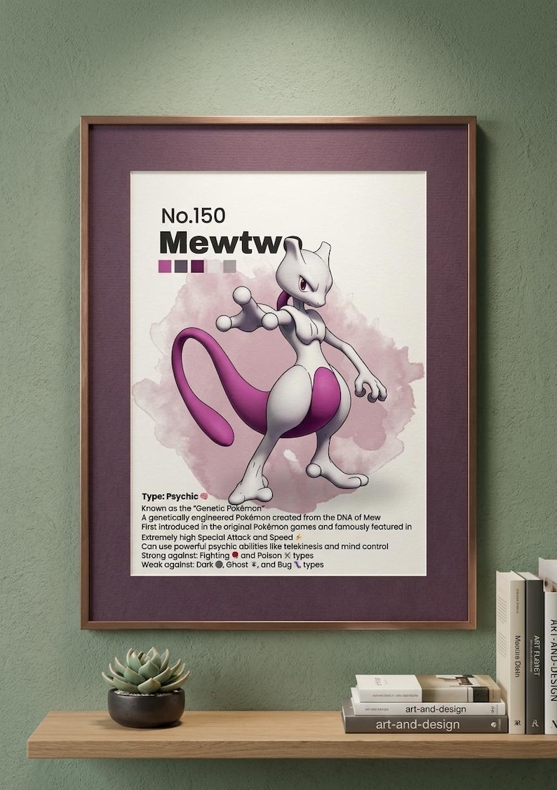 May include: Framed print featuring Mewtwo, a Psychic-type Pok&eacute;mon. The artwork showcases Mewtwo in a dynamic pose with a purple tail and accents, set against a watercolor-style background. The print includes text detailing Mewtwo's abilities and characteristics.