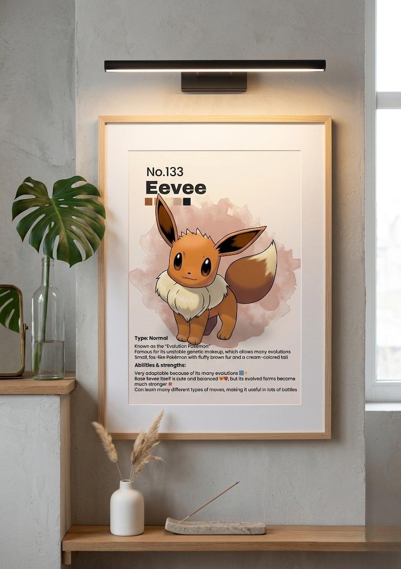 May include: A framed print featuring Eevee, a fox-like Pok&eacute;mon with brown fur and a cream-colored tail. The print includes the text "No.133 Eevee" and details about its abilities and strengths.