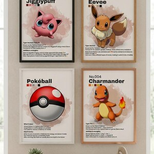 May include: Four framed Pok&eacute;mon art prints. The prints feature Jigglypuff, Eevee, a Pok&eacute;ball, and Charmander. The prints are displayed on a wooden shelf with a small potted plant and an open book.