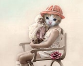 Priscilla, Vintage Cat Print, Anthropomorphic, Photo Collage, Altered Photo, Cute Cat Print, Whimsical Art, Mixed Media Collage, Cat Art