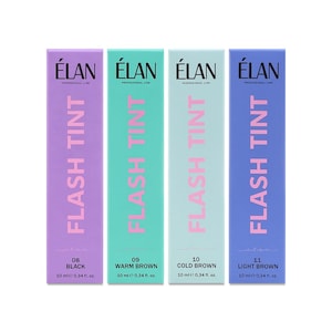 Könnte beinhalten: Vier vertikale Schachteln von Élan Flash Tint in Schwarz, Warmbraun, Kaltbraun und Hellbraun. Jede Schachtel hat eine andere Farbe: Lila, Türkis, Rosa und Blau. Der Text "FLASH TINT" ist vertikal auf jeder Schachtel aufgedruckt.