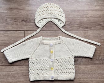 Conjunto para bebê em mistura de cashmere, casaquinho de tricô e touca, roupa para recém-nascido de 0 a 3 meses, presente de luxo para chá de bebê, roupa de bebê em lã macia cor marfim