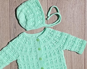 Completo per neonato color menta lavorato a mano a maglia / Cardigan e cappellino / 0-3 mesi