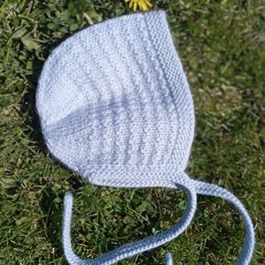 Hand Knit Baby Pixie Bonnet – 100% Wool, 9-12 Months, Light Blue Ties