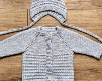 Hand Knit 100% Wool Baby Cardigan Bonnet Set (3-6 Months) – Soft Light Blue Outfit