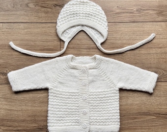 Hand Knitted White Wool Baby Set: Cardigan and Bonnet (0-3 Months)