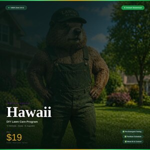 Può includere: Una pubblicità per un programma fai-da-te per la cura del prato alle Hawaii. L'immagine presenta una marmotta dei cartoni animati con una tuta e un berretto con la scritta "Lawns by Moe". Il testo include "Hawaii" e "19$".