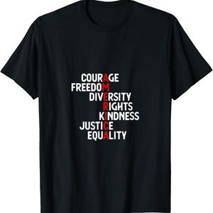 May include: A black short-sleeved t-shirt featuring white text arranged vertically to spell AMERICA, with the letters A, M, E, R, I, C, A highlighted in red. The words Courage, Freedom, Diversity, Rights, Kindness, Justice, and Equality are displayed.