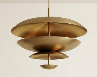 Layered Brass Chandelier, Mid Century Sculptural Pendant Light, Handmade Brass Fixture