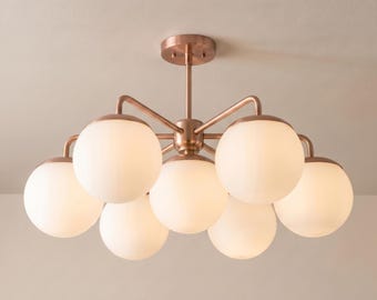 Lámpara de araña moderna tipo globo, lámpara de techo de mediados de siglo, lámpara de araña de cristal color oro rosa, luminaria Sputnik contemporánea