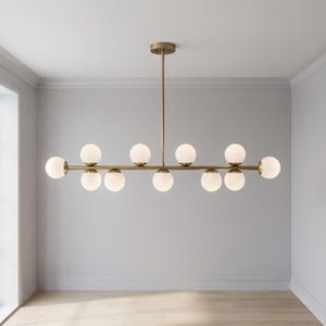 Modern Linear Globe Chandelier, 11 Light Brass Dining Room Chandelier, Mid Century Kitchen Island Pendant, Luxury Ceiling Light