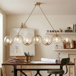 Lustre moderne en laiton ondulé - Plafonnier Mid-Century en verre à 7 globes