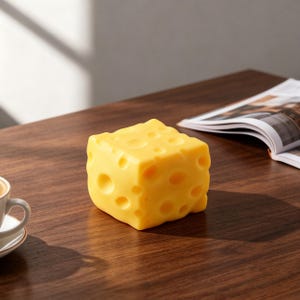 May include: A yellow, cube-shaped object resembling a block of Swiss cheese, with numerous holes of varying sizes. The cheese-like item sits on a dark wooden surface, with a cup of coffee and an open magazine in the background.