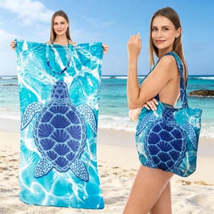 May include: A rectangular beach towel and a matching tote bag, both featuring a vibrant blue sea turtle graphic set against a background of shimmering, light-refracting water. The items display a consistent aquatic pattern in shades of cyan and navy.
