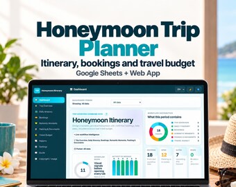 Honeymoon Itinerary Planner for Google Sheets, Travel Bookings, Packing List and Budget