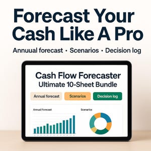 Cash Flow Forecaster Ultimate Google Sheets Web App | 10-Sheet Forecast, Scenarios & Buffer Planner