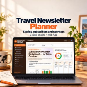 May include: A laptop displaying a Travel Newsletter Planner dashboard for travel creators, featuring a Substack/Newsletter Dashboard interface with workflow distribution charts, record counts, and data visualization modules on a digital screen.