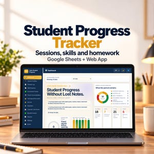 以下が含まれることがあります： Google Sheetsおよびウェブアプリ用のStudent Progress Trackerダッシュボードを表示するノートパソコン。画面にはナビゲーションアイコン付きのダークブルーのサイドバー、ワークフロー分布図、Student Progress Without Lost Notesというテキストが表示されています。