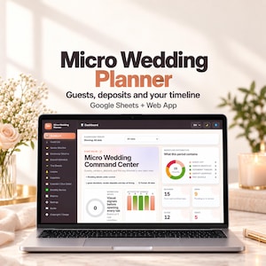 May include: A laptop displaying a Micro Wedding Planner dashboard interface with a dark sidebar, a central command center, and data visualization charts. The screen shows text including Micro Wedding Planner, Guests, deposits and your timeline, Google Sheets + Web App, and Micro Wedding Command Center.