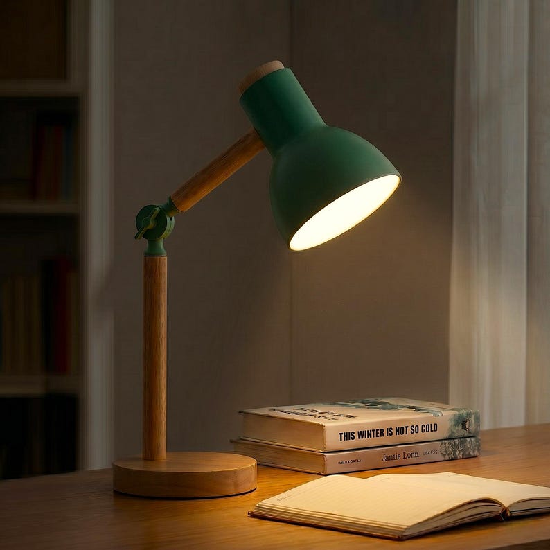 May include: A green desk lamp with a wooden arm and base is illuminated. The lamp is positioned over a wooden desk, with two books and an open notebook visible. The lamp's shade is pointed downward, casting a warm glow.